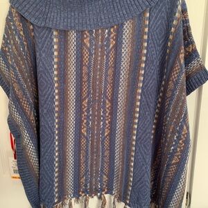 Ruby Rd. Patterned Cowl Neck Sweater in Blue and Tan